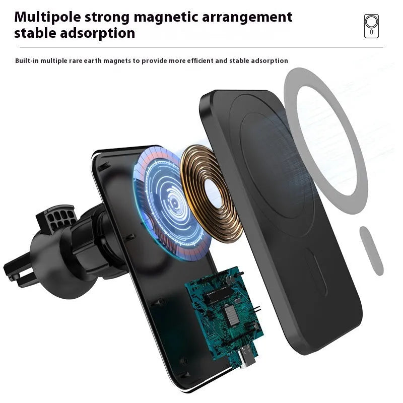 Black X-16 magnetic car wireless charger phone holder attached to a vent bracket