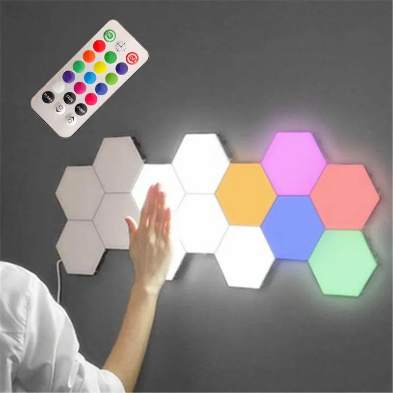 British Creative Helios touch wall lamp with hexagonal modular assembly and plastic shade, 103 by 90 by 30 mm