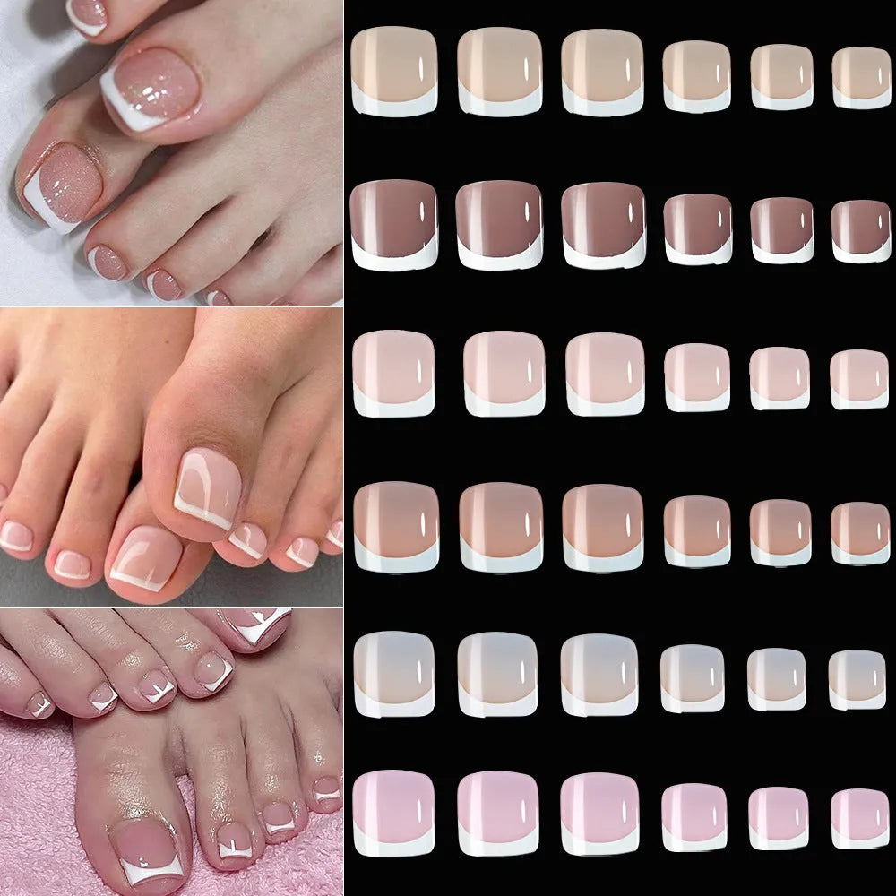 Box of 120 short square false toenails with French white tip design on nude base.