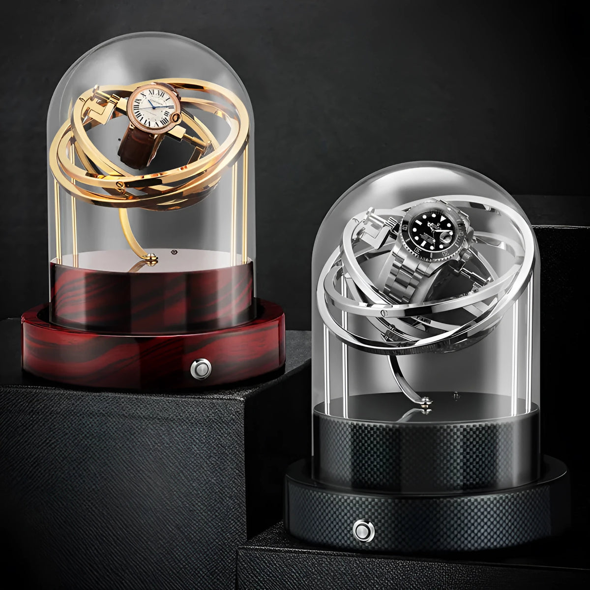 Glass cover watch shaker with Japan Mabuchi silent motor, two pillows, Gold or Silver, 18cm x 18cm x 23cm