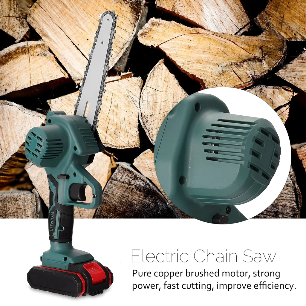 Black one-handed mini electric chainsaw with a 4-inch guide bar, shown with a lithium battery pack.
