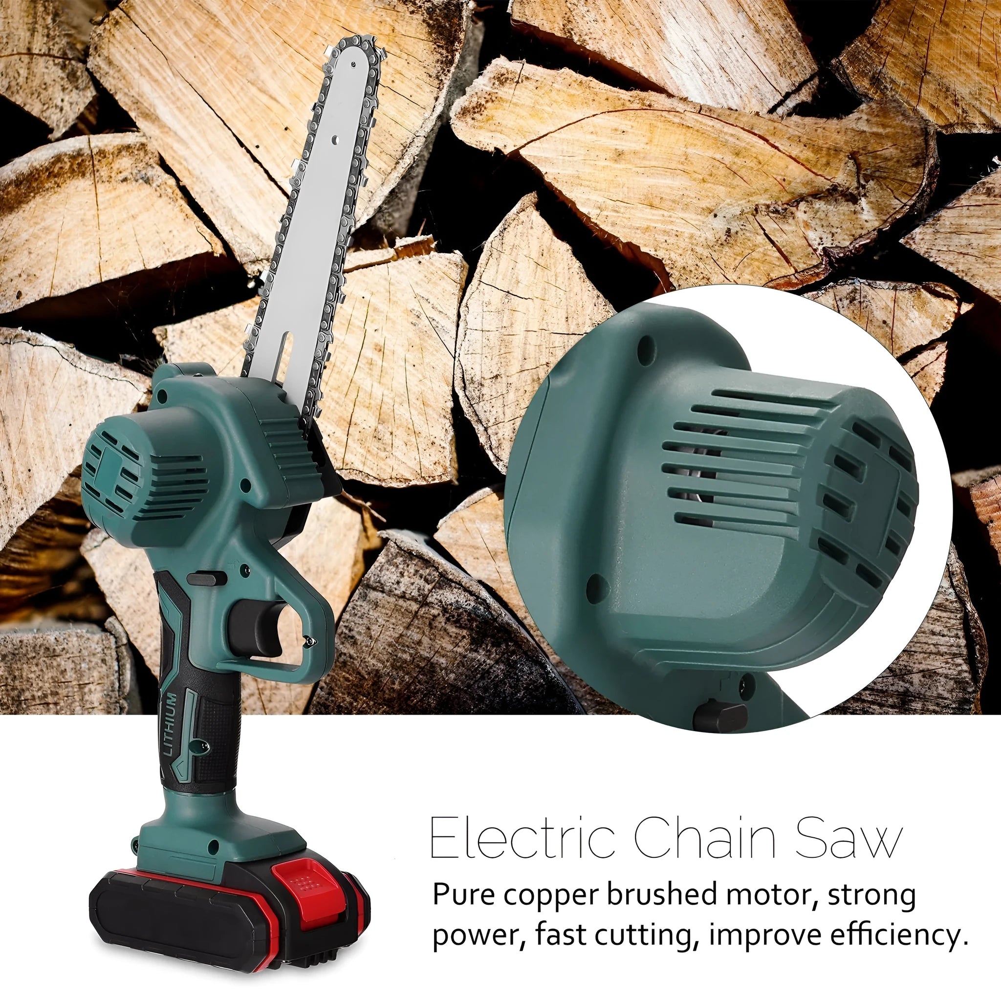Black one-handed mini electric chainsaw with a 4-inch guide bar, shown with a lithium battery pack.