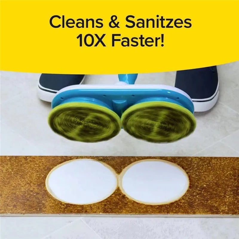 Handheld wireless electric floor mop with USB charging port and set of microfiber, scrubbing, and polishing pads.