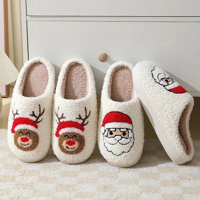 Christmas home slippers with cartoon Santa Claus design, suede upper, and furry lining
