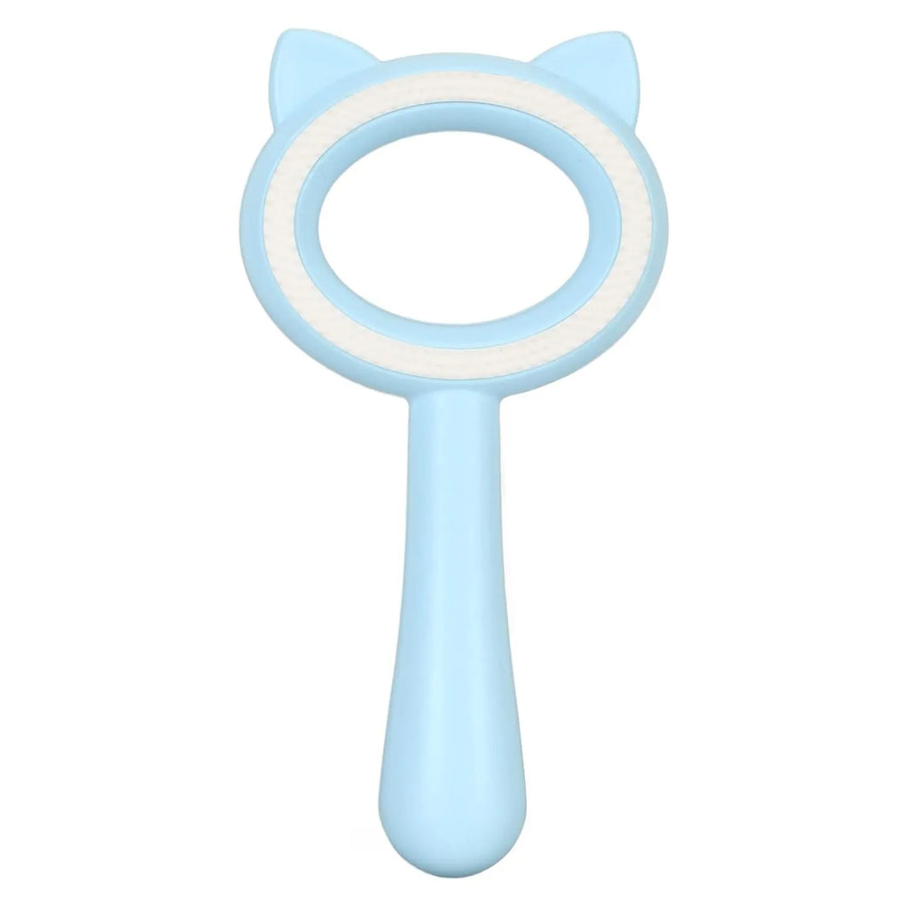 Blue and white double-sided pet grooming brush with deshedding comb and massage tool