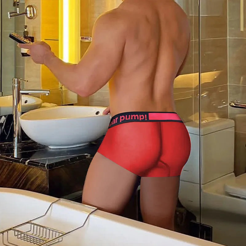 Men's black low waist underwear with a red and white gradient laser pattern, seamless design.