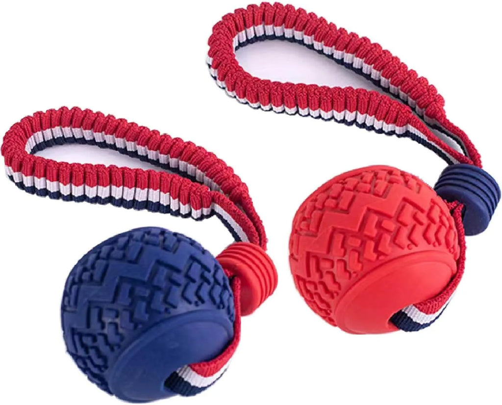 Blue natural rubber dog ball with rope handle for small breed dogs
