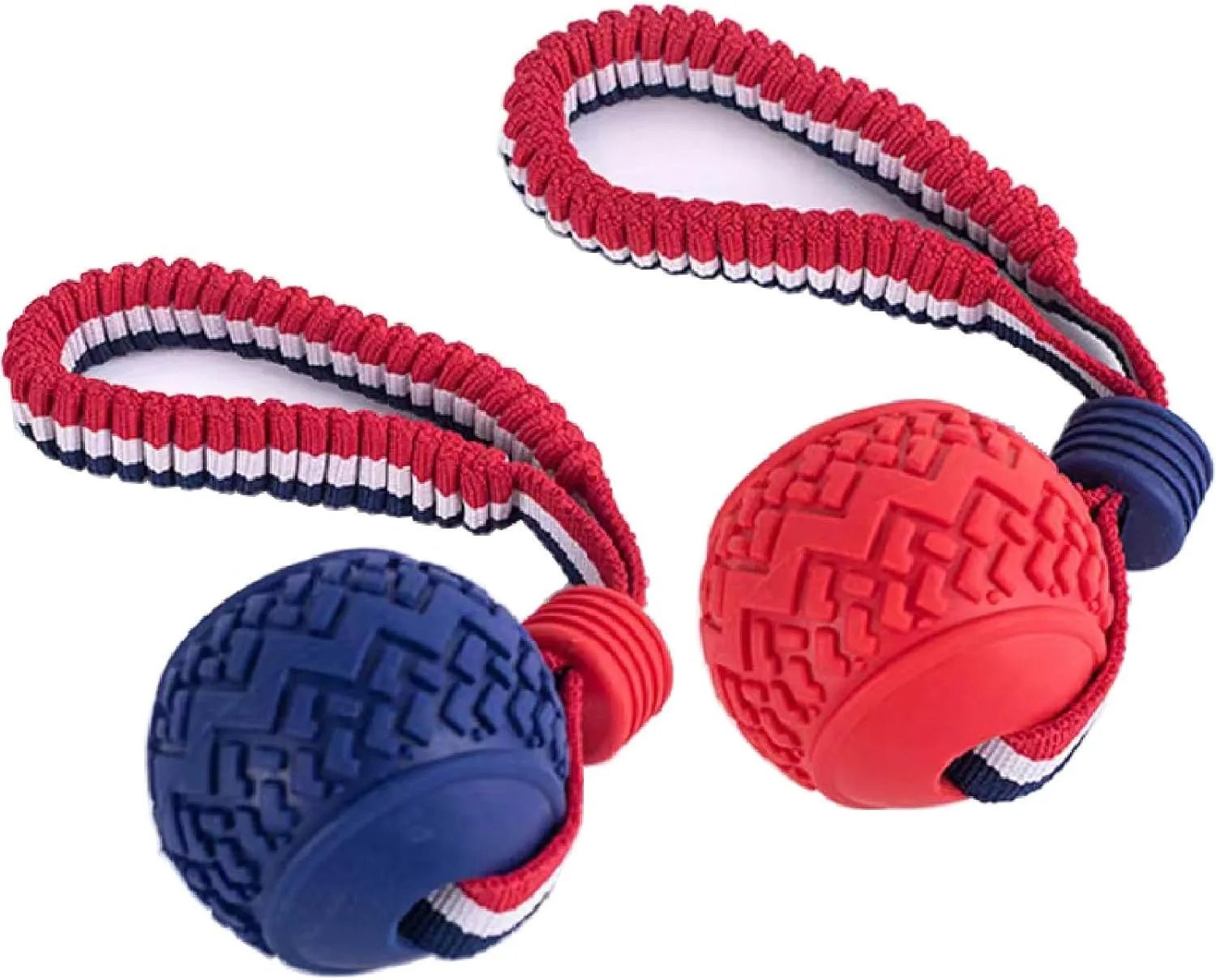 Blue natural rubber dog ball with rope handle for small breed dogs