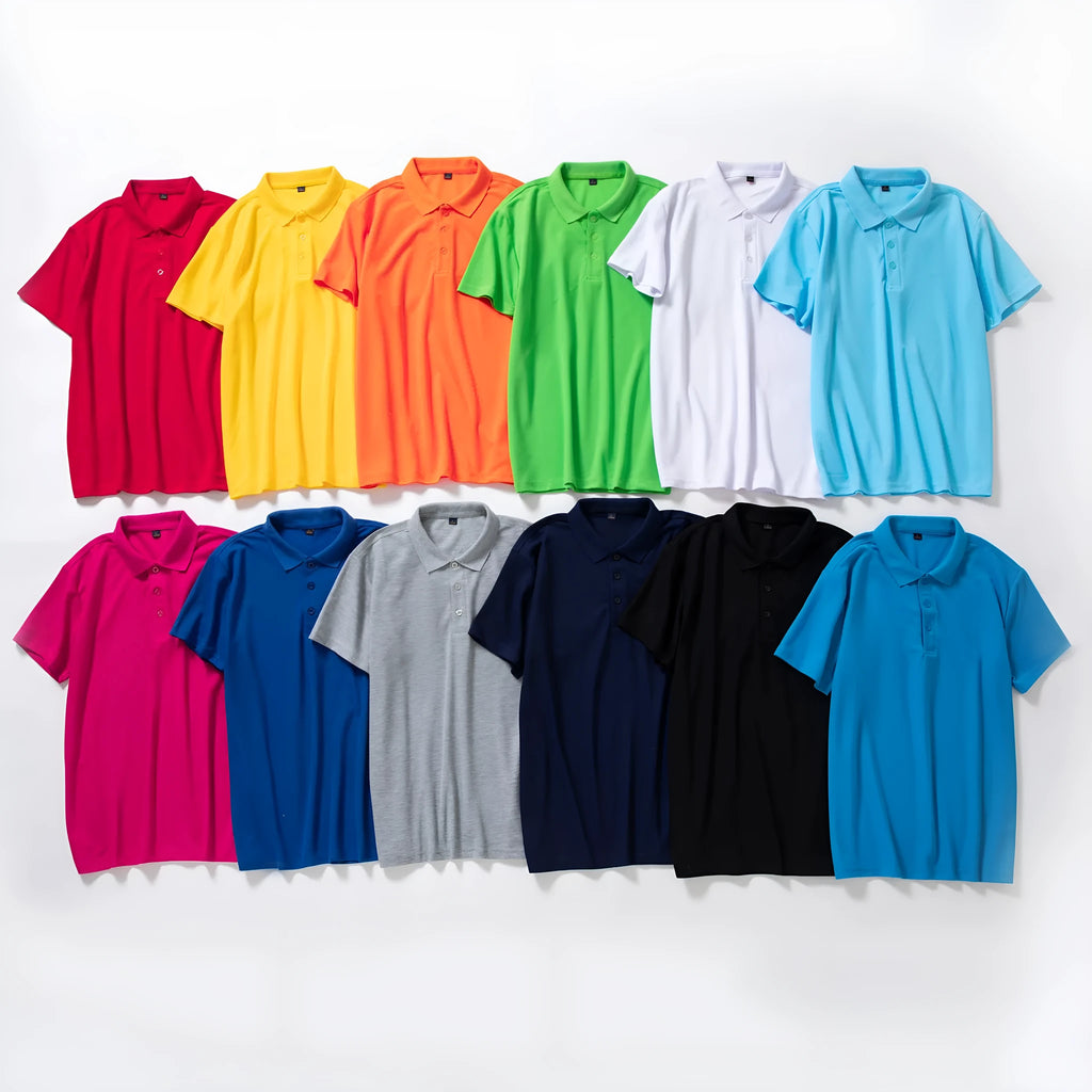 Solid colour cotton short sleeve polo shirt work uniform in multiple colours on a hanger