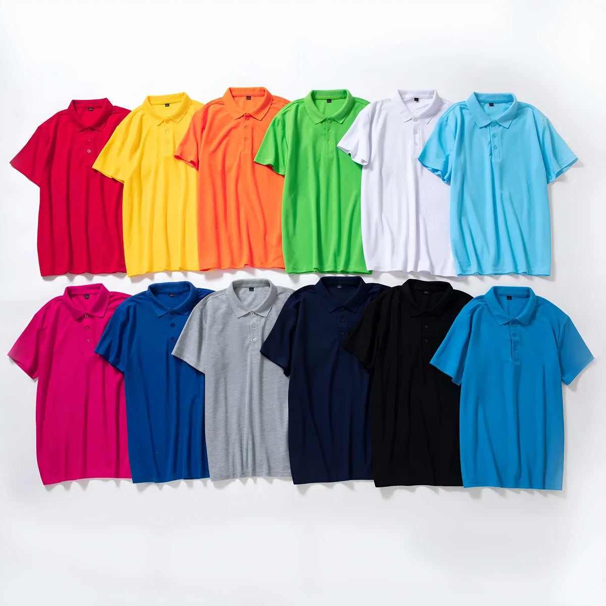 Solid colour cotton short sleeve polo shirt work uniform in multiple colours on a hanger