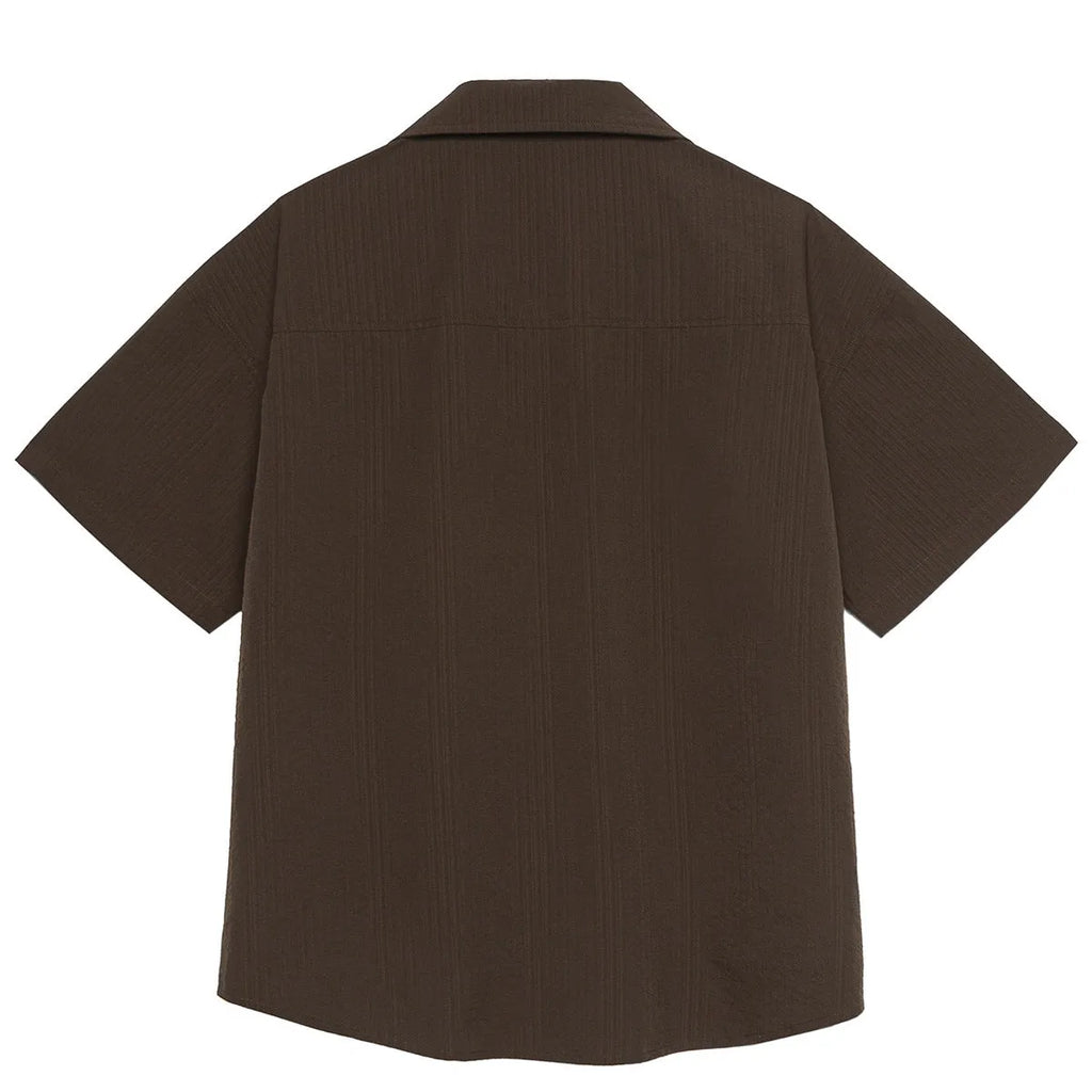 Brown coffee stripe outdoor shirt with Cuban collar and short sleeves.