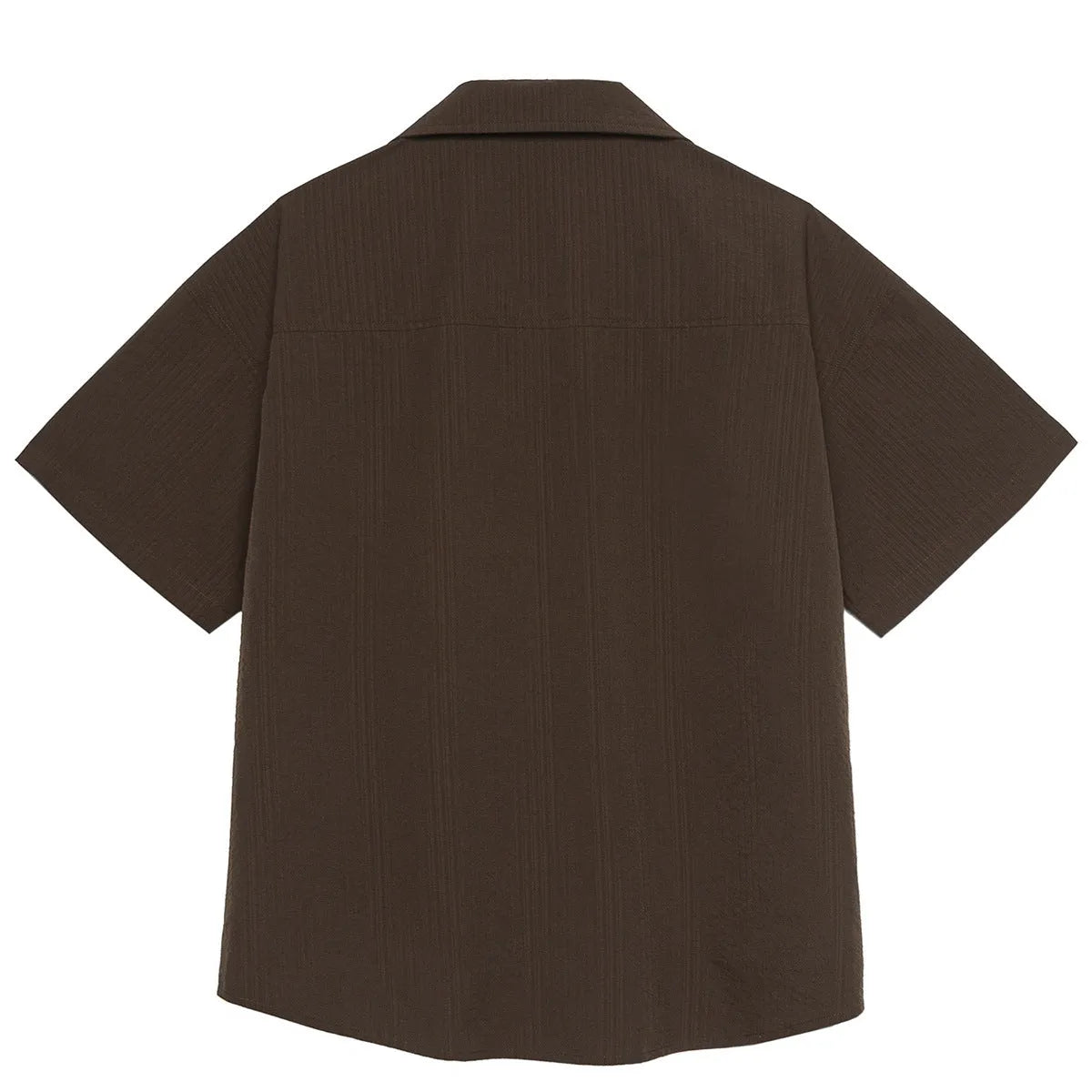 Brown coffee stripe outdoor shirt with Cuban collar and short sleeves.