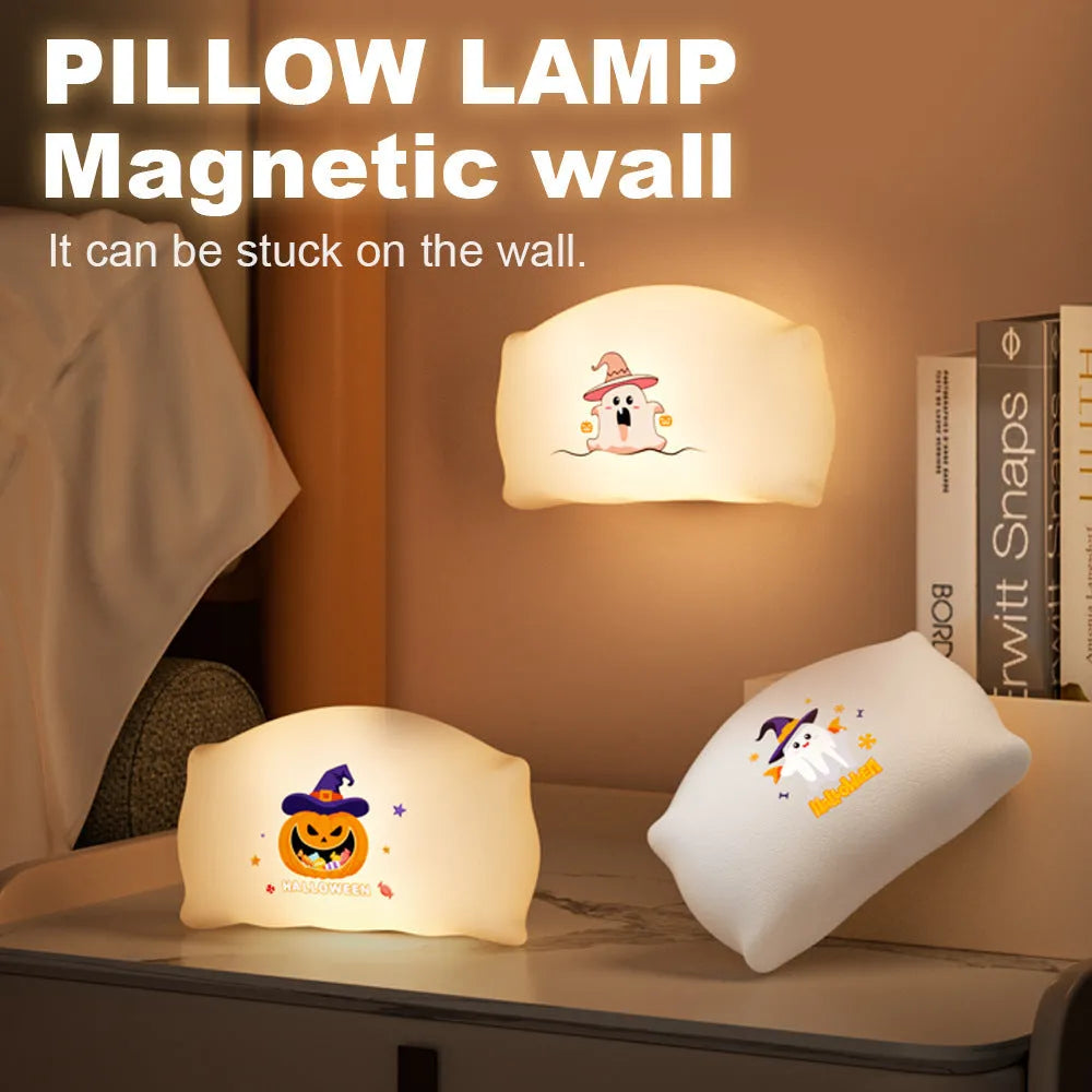 Small cartoon ghost Halloween doll table lamp with warm LED light, shown in Magic Ghost and Pumpkin Ghost colours.