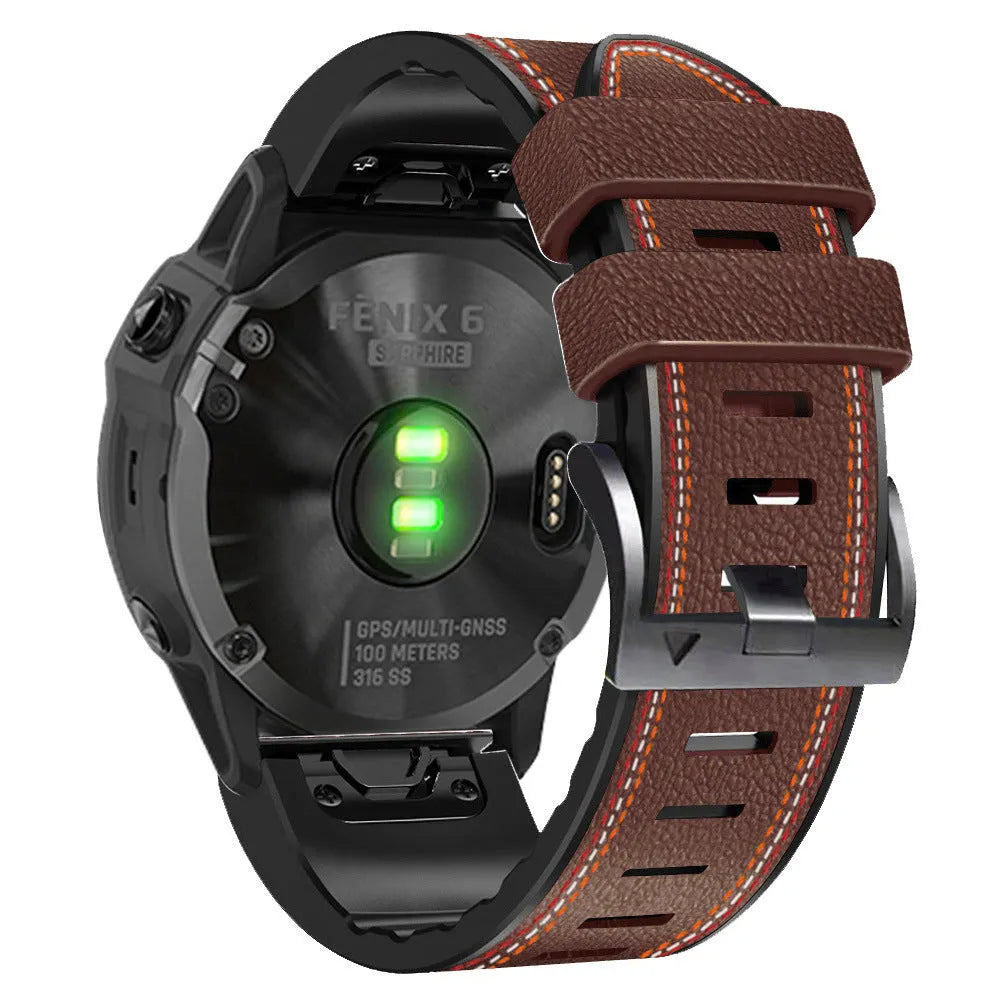 Silicone leather quick release watch strap for Garmin Fenix models in black, brown, light brown, and white
