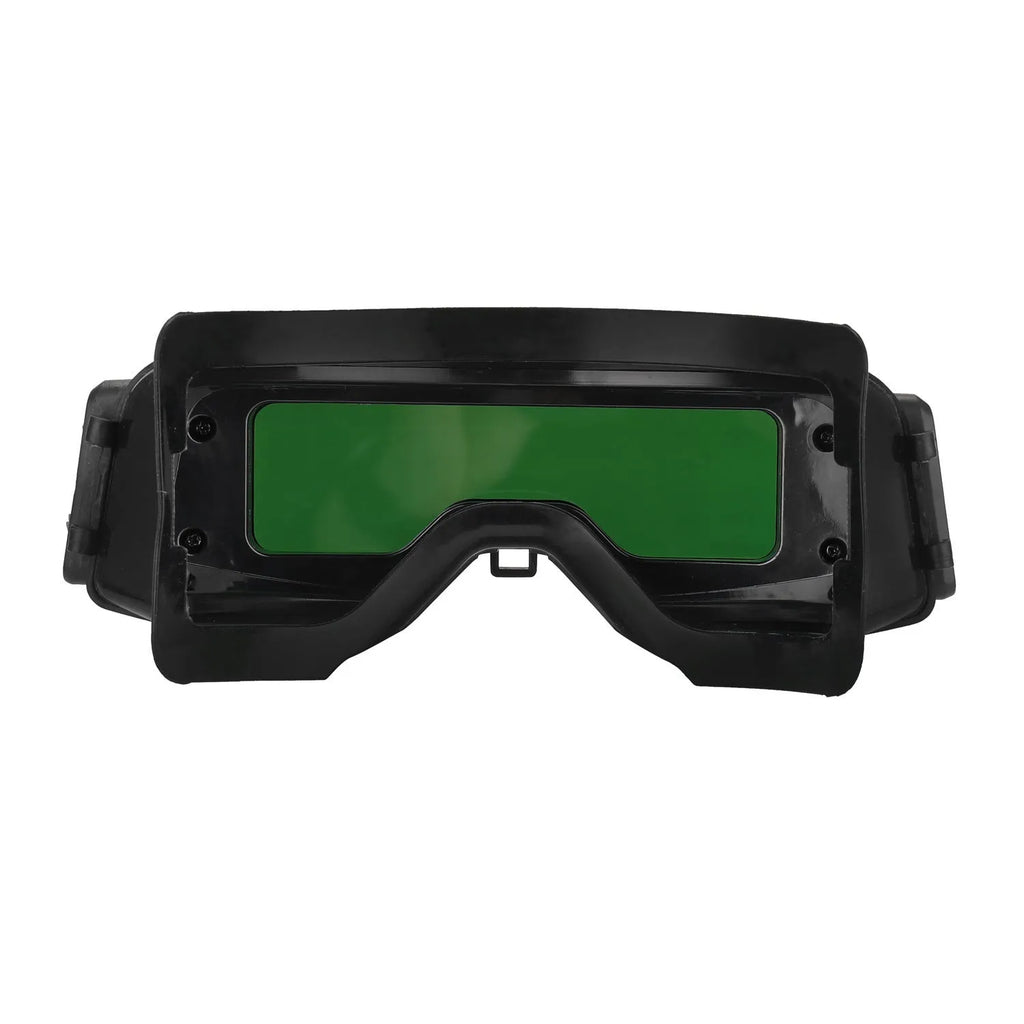Black automatic darkening welding mask with wide rectangular lens and headband.
