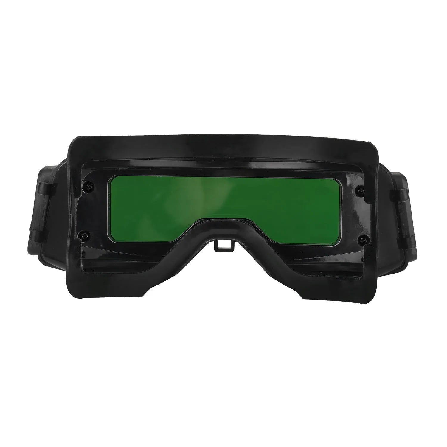 Black automatic darkening welding mask with wide rectangular lens and headband.