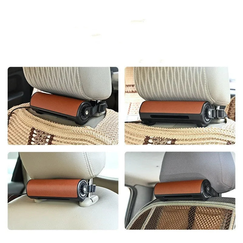 Bladeless car mounted fan with USB cable showing black, brown, and red colour options