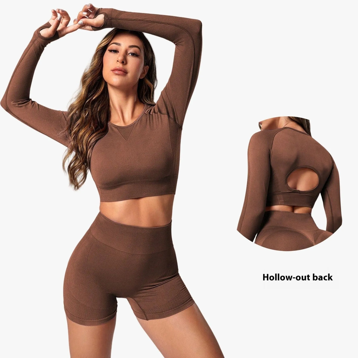 Women's black high waist yoga suit with long sleeve top and quick-drying pants