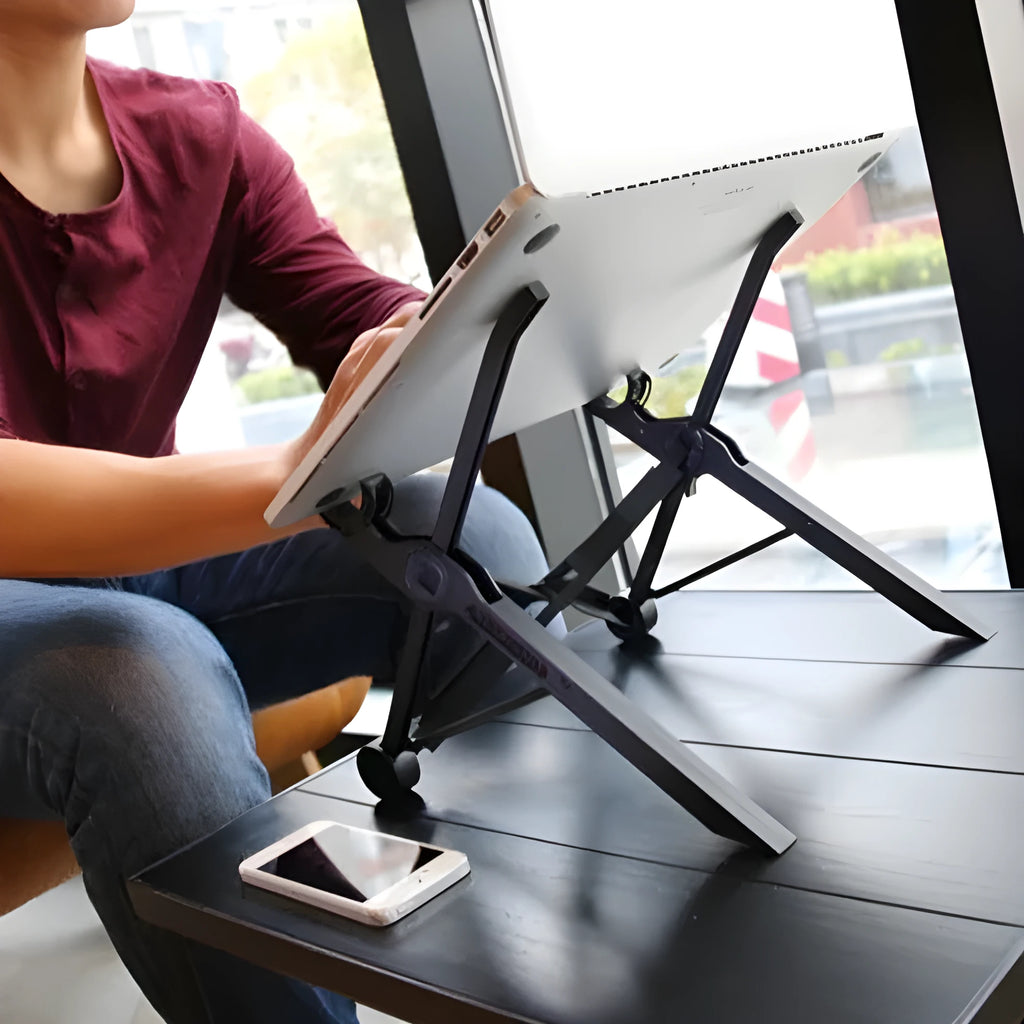 Sagacious black portable folding computer bracket with adjustable height and carrying case