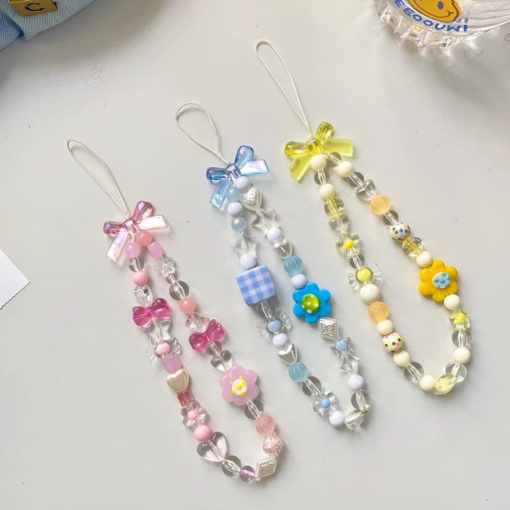 Colourful beaded flower phone lanyard with adjustable rope cord in blue, pink or yellow option