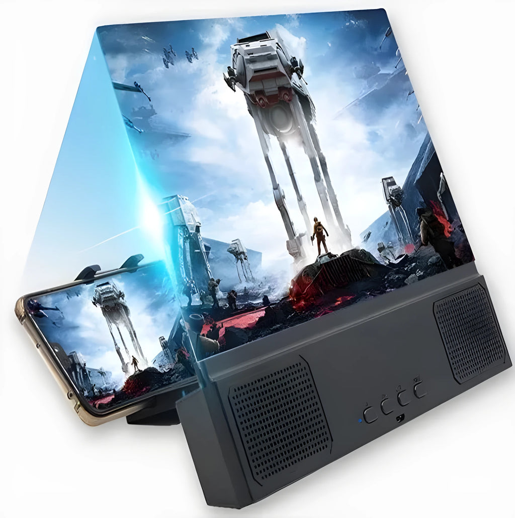 12-inch mobile phone screen amplifier with black ABS housing and acrylic lens, showing phone placement.