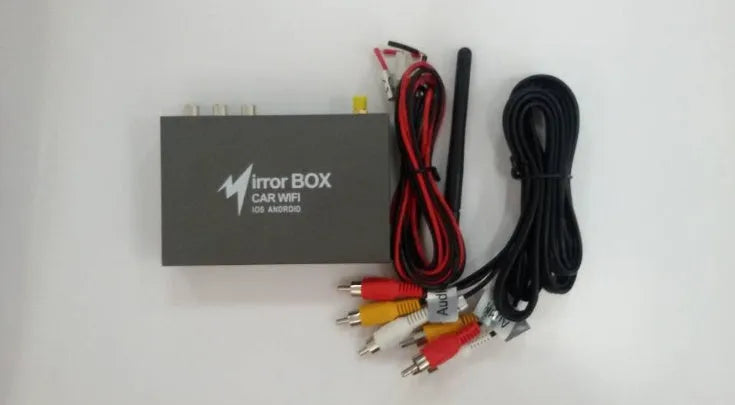 Black car Wi-Fi mirror link box with power cable, AV cable, antenna, and user manual for screen mirroring.