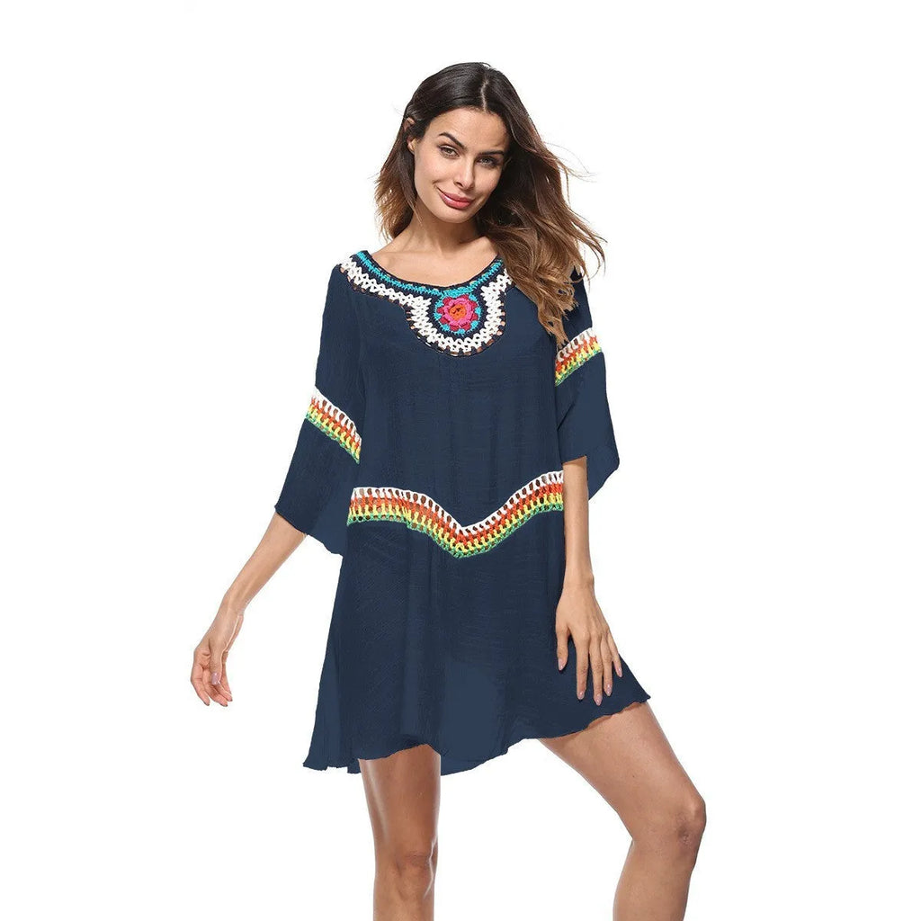 Women's crochet ethnic-style beach cover-up with long sleeves for sun protection