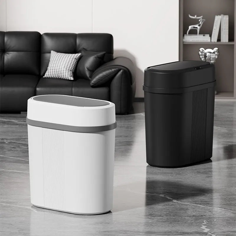 Square smart trash can with lid, waterproof moisture-proof PP bin in black or white battery type