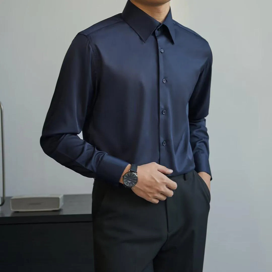 Man wearing a black slim-fit long sleeve cardigan shirt with a Korean-style design.