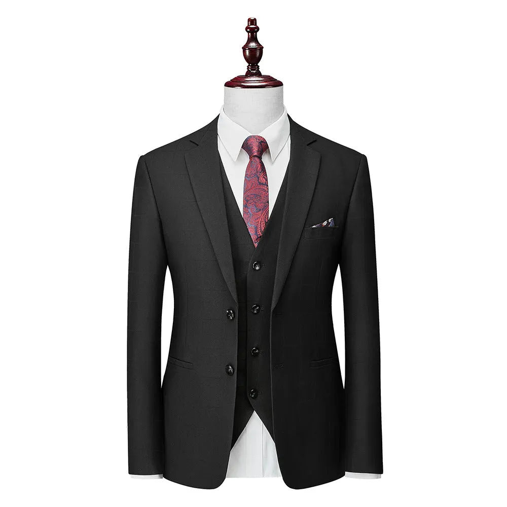 Men's navy blue plaid slim fit three-piece suit with vest, jacket, and trousers for business casual wear