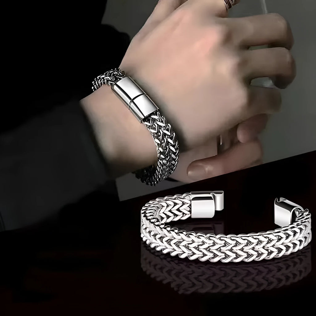 Silver titanium steel men's geometric link bracelet showing 4x8mm and 5x10mm size options.
