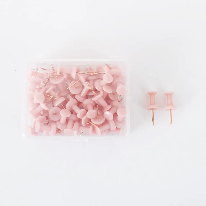 Morandi colour push pins set with star, button, and round head designs in green, grey, and pink colours