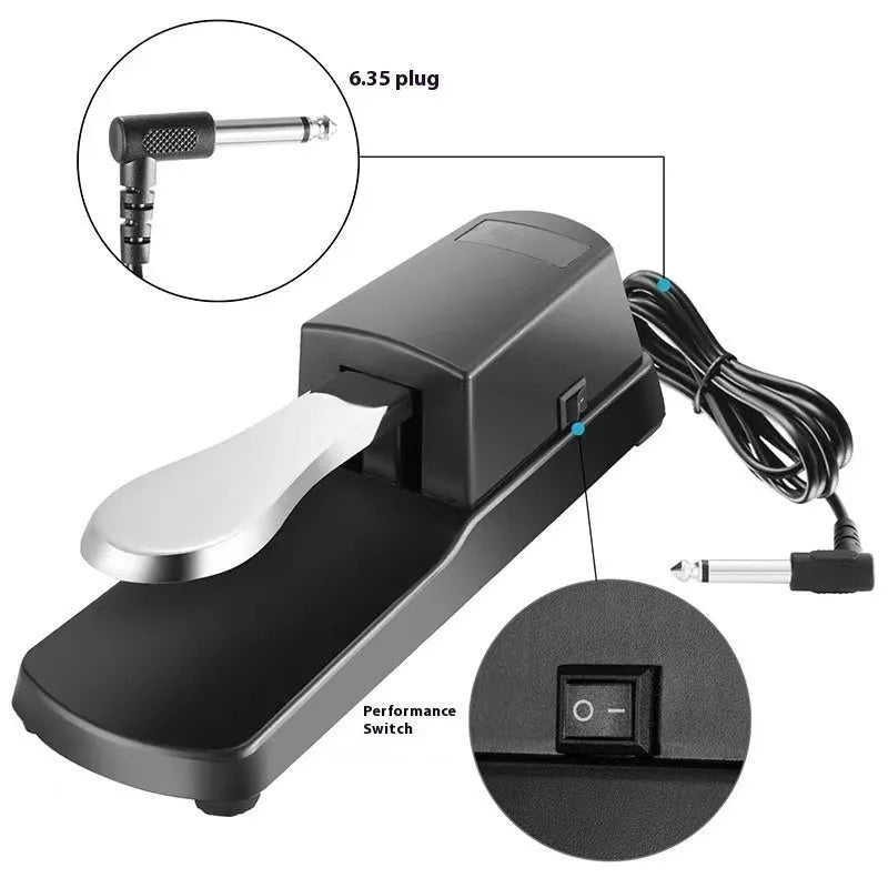 Black electronic keyboard sustain pedal with single-leg design on wooden floor