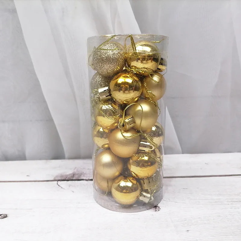 Small 3cm diameter shiny matte plastic Christmas bauble in assorted colours including gold, red, silver, and blue.