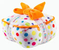 Pet plush toy dog birthday gift with squeaker in birthday cake design, 7 inches wide, soft plush material