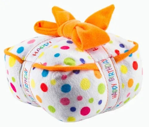 Pet plush toy dog birthday gift with squeaker in birthday cake design, 7 inches wide, soft plush material