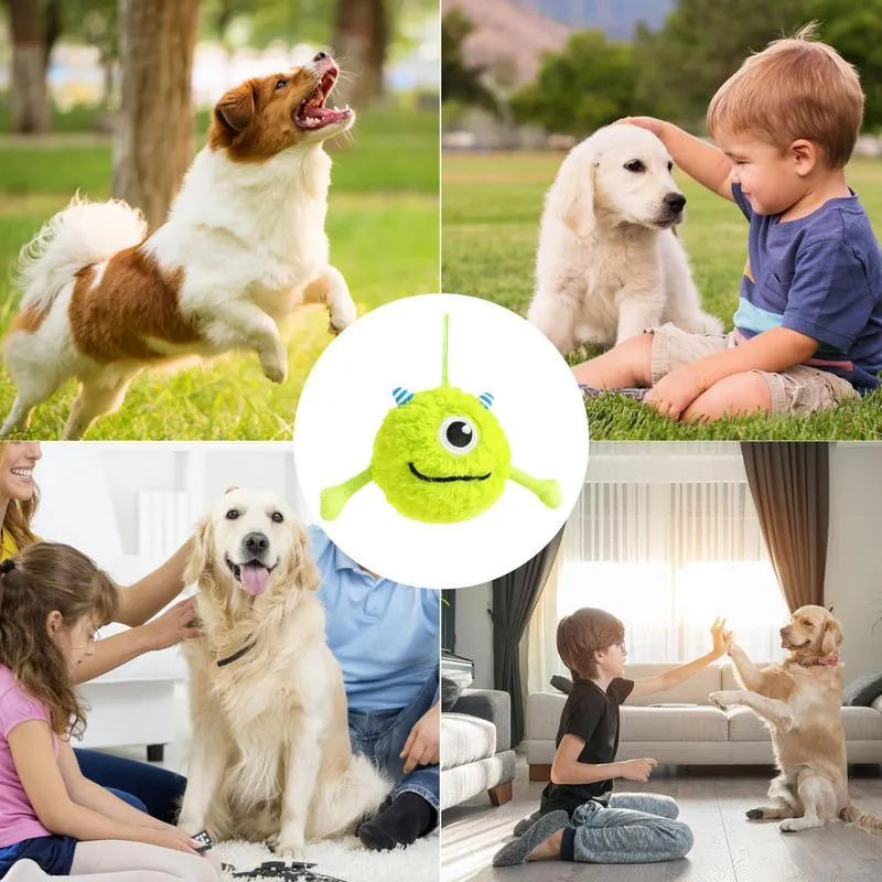 Green plush and TPR dog toy ball with sound interactive teething design