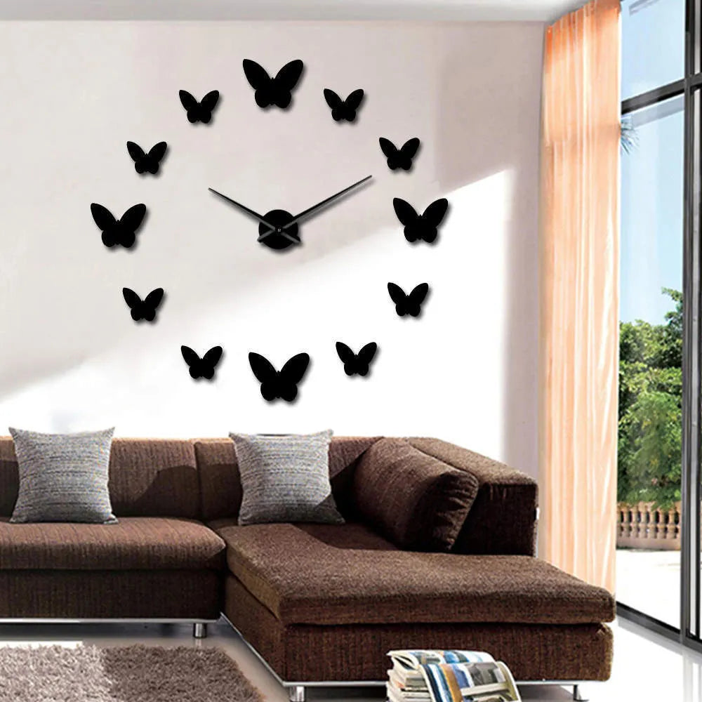 Round 3D mirror wall clock with butterfly design in Scandinavian style for living room