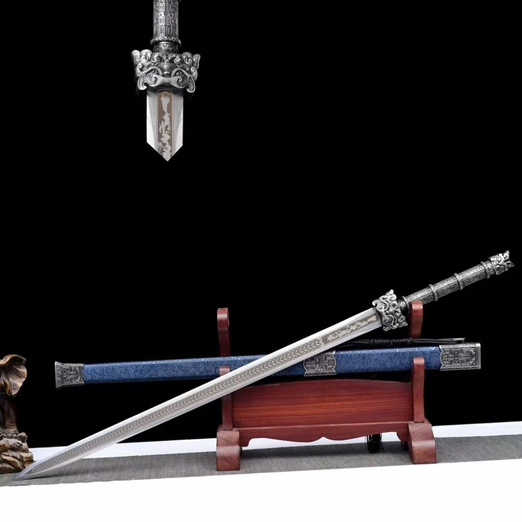 Tang-style long sword, 102cm, unsharpened manganese steel blade, solid wood leather scabbard, alloy fittings, 1.6kg