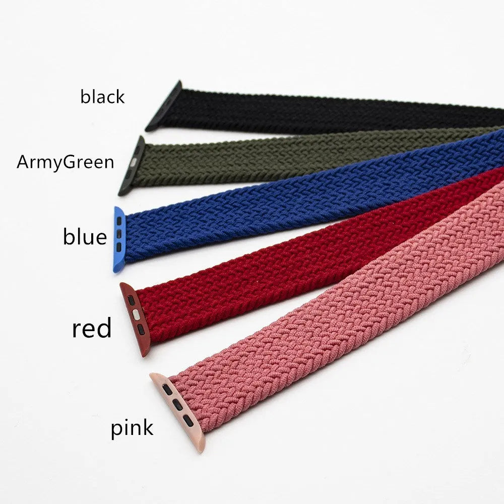 Apple Watch compatible woven nylon strap with plastic head in red, pink, blue, army green, black.