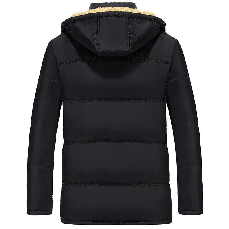Black men's loose fit velvet padded jacket with double breasted front and attached hood