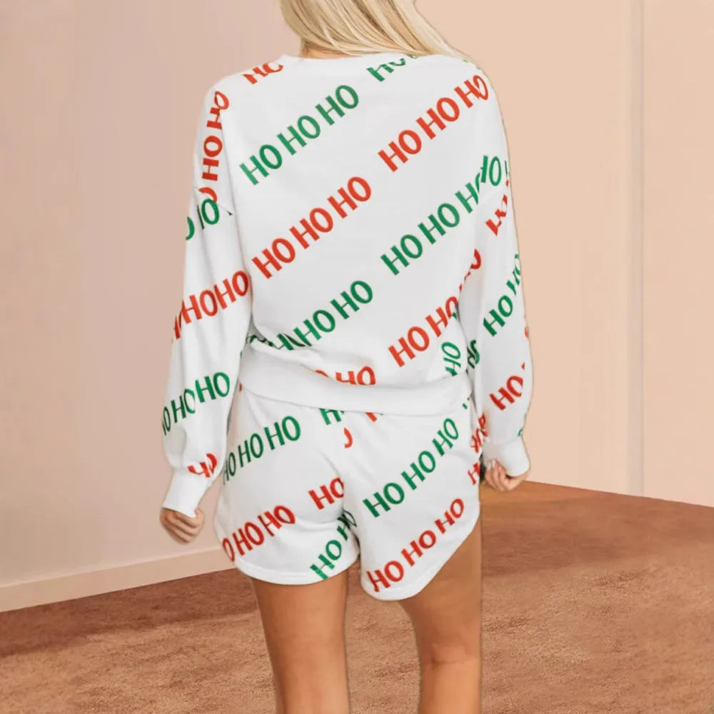 Women's white polyester two-piece suit with printed letter designs and long sleeves