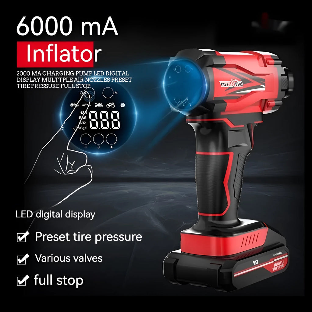 Red and black portable car tyre air pump with power cable and multiple nozzle attachments
