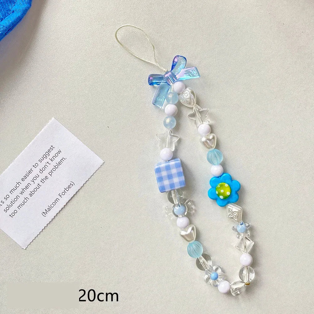 Colourful beaded flower phone lanyard with adjustable rope cord in blue, pink or yellow option