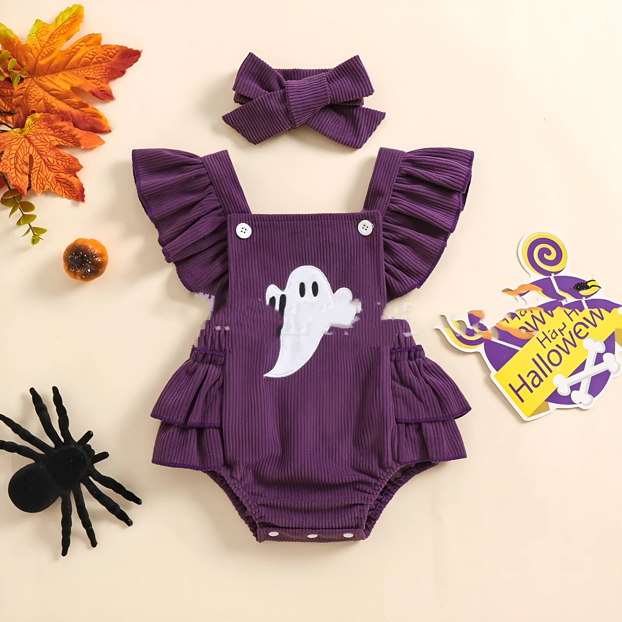 Purple baby Halloween toddler carrier towel jumpsuit with embroidery and headband for girls 70-100cm