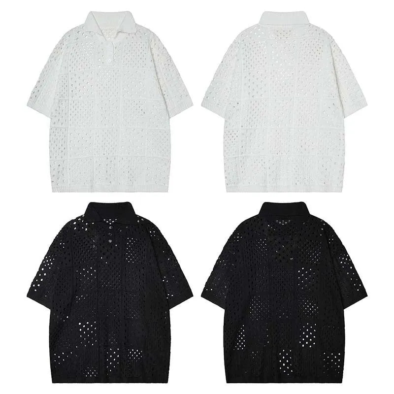 Black and white short-sleeved polo shirt with hollow knit design for teenage casual wear