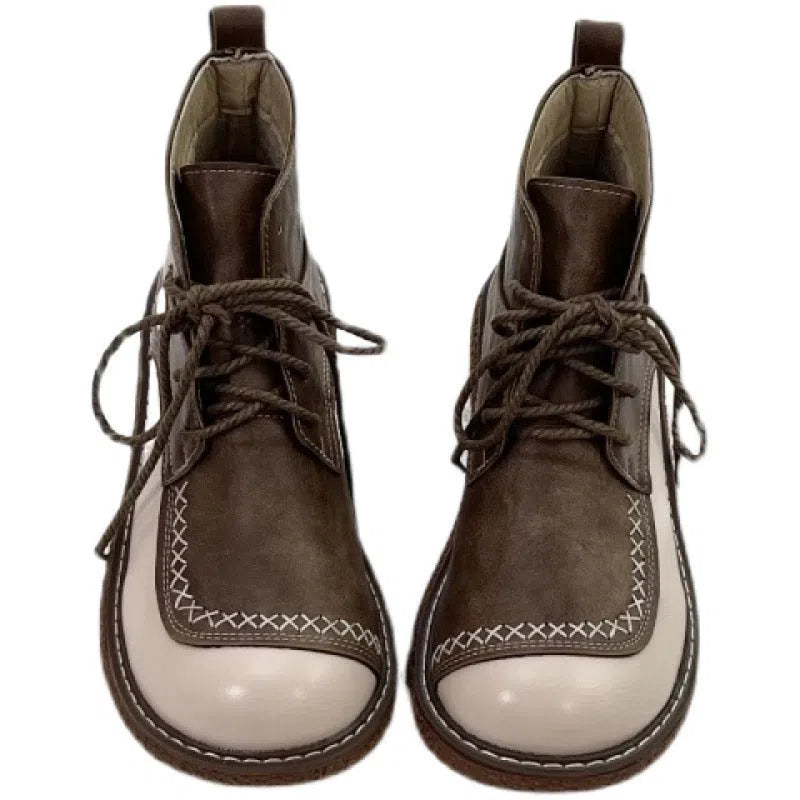 Women's retro lace-up Martin boots with thick rubber sole in black PU upper