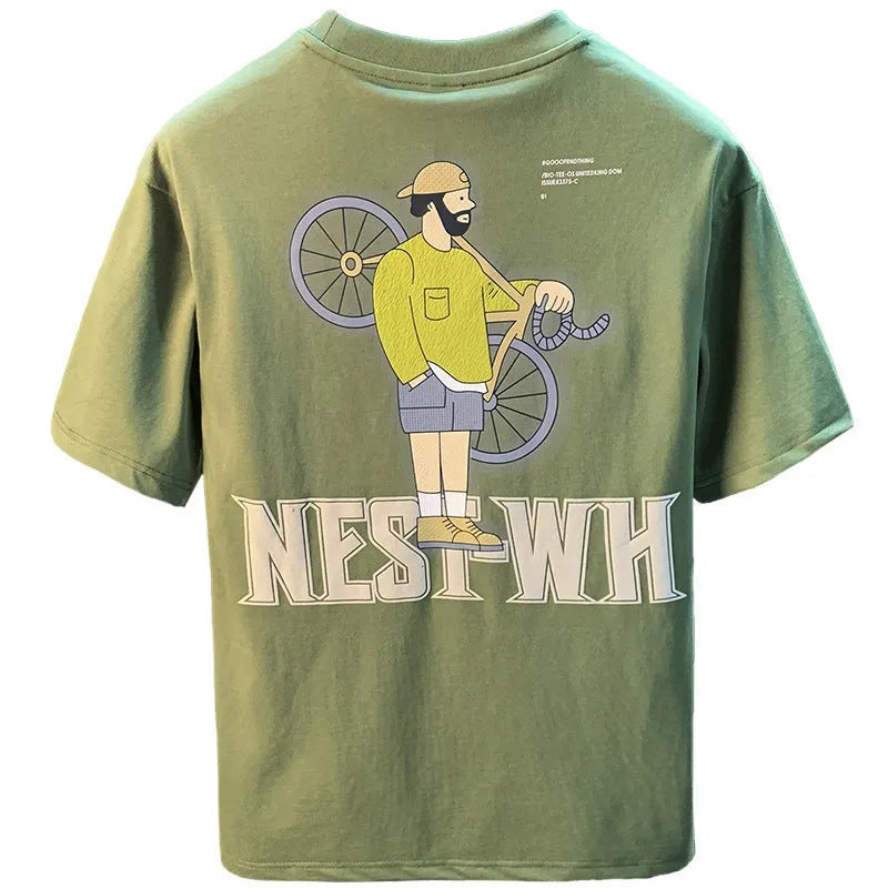Green loose fit men's printed t-shirt with short sleeves on hanger