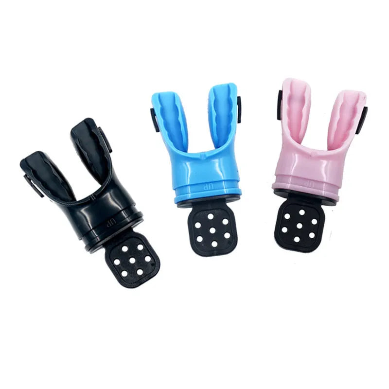 Edible silicone diving mouthpiece, 110mm long, shown in various colours including blue, green, pink and transparent options.