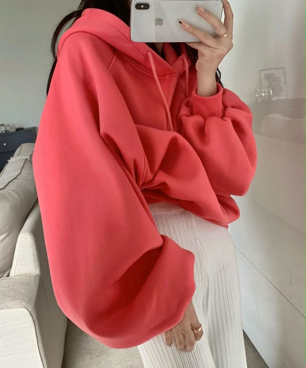 Watermelon red women's hooded sweater made from mulberry silk, sleeveless design with regular sleeves